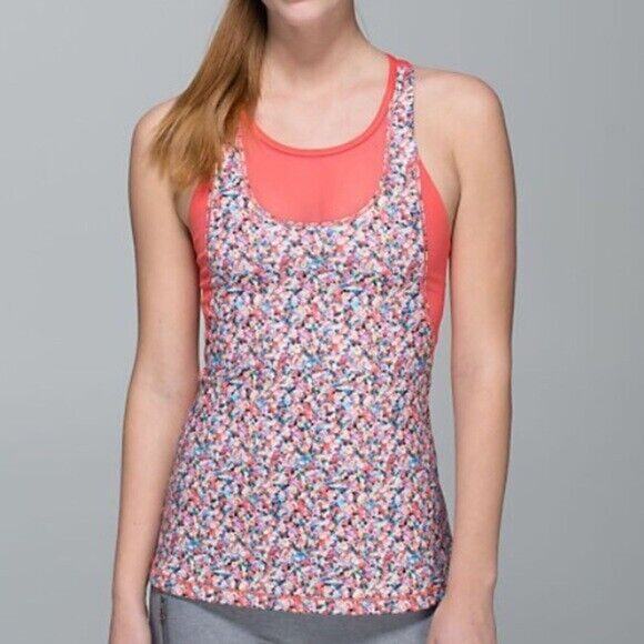 Lululemon Tank Top Womens 6 Atomic Red Orange Floral Mesh With Me Prism Petal - Picture 1 of 10